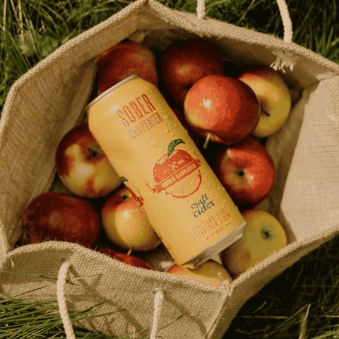 A can of Sober Carpenter's Non-Alcoholic Craft Cider in a basket of red apples