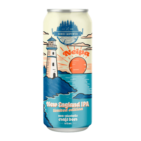 A non-alcoholic beer can of limited edition New England IPA from Sober Carpenter. The design features a lighthouse over a coastal sunset. 