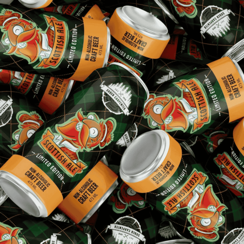 A pile of Sober Carpenter's Non-Alcoholic Scottish Ale