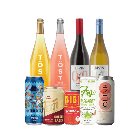 A collection of non-alcoholic drinks that includes bottles and cans for Sober October
