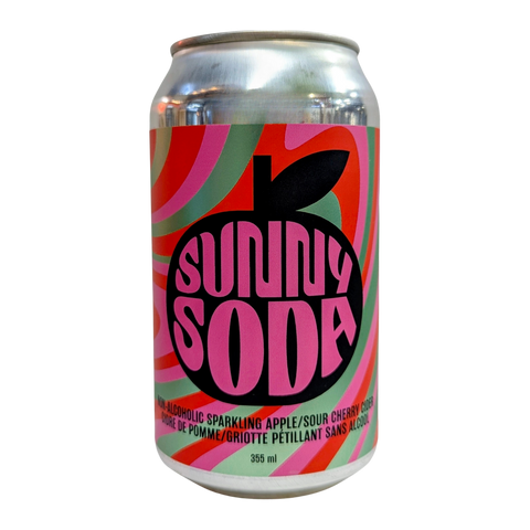 A colourful pink and green can of SunnyCider's new SunnySoda - Non-Alcoholic Apple/Sour Cherry Cider.