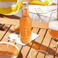 A bottle of TOST Rose Sparkling White Tea displayed on a summer patio