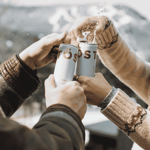 Two people cheersing two cans of TOST Sparkling Tea