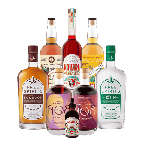 A collection of non-alcoholic spirit bottles