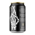 Black can of non-alcoholic brew with skeleton hand design