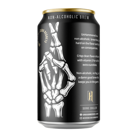 Black can of non-alcoholic brew with skeleton hand design