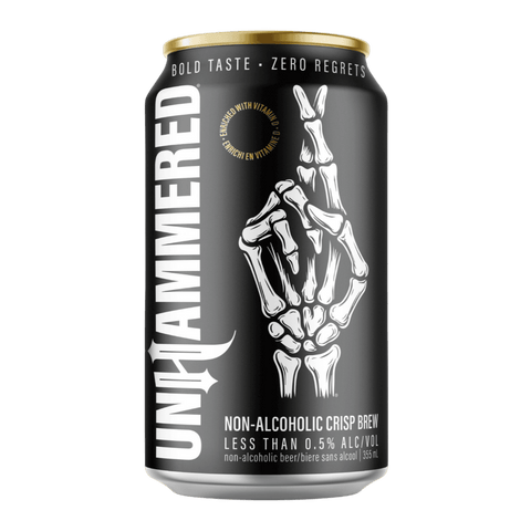 Unhammered non-alcoholic crisp brew can with skeleton hand design