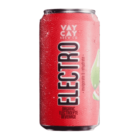 A red can of Vaycay Brew Co Electro, with the text Organic Electrolyte Beverage