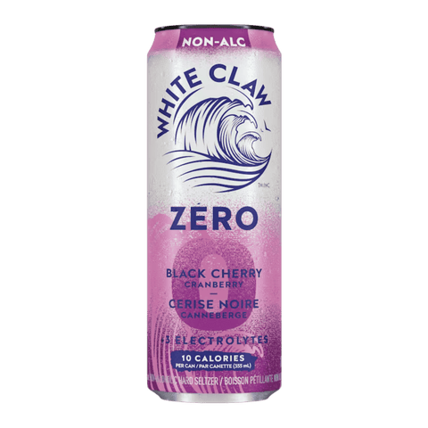A white and purple can of White Claw Zero Black Cherry Cranberry non-alcoholic cocktail