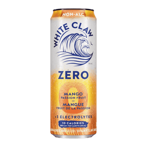 A White and Orange Can of White Claw Zero Mango Passion Fruit Non-Alcoholic Cocktail