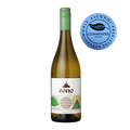 Wine bottle with a green cap and a label featuring geometric shapes on a white background