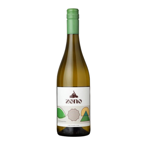 Wine bottle with a green cap and a label featuring geometric shapes on a white background